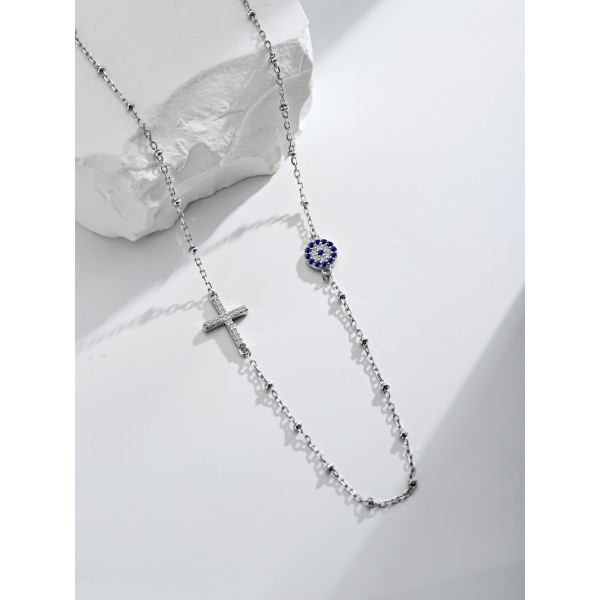 Lantisor talisman argint cu simbol deochi si cruciulita cu cristale si bile, lantisoare argint cruce, dama, argint 925, cross evil eye, 40+5 cm, argintiu, 3,32 gr