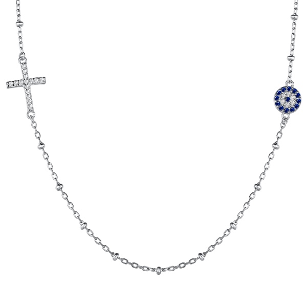 Lantisor talisman argint cu simbol deochi si cruciulita cu cristale si bile, lantisoare argint cruce, dama, argint 925, cross evil eye, 40+5 cm, argintiu, 3,32 gr