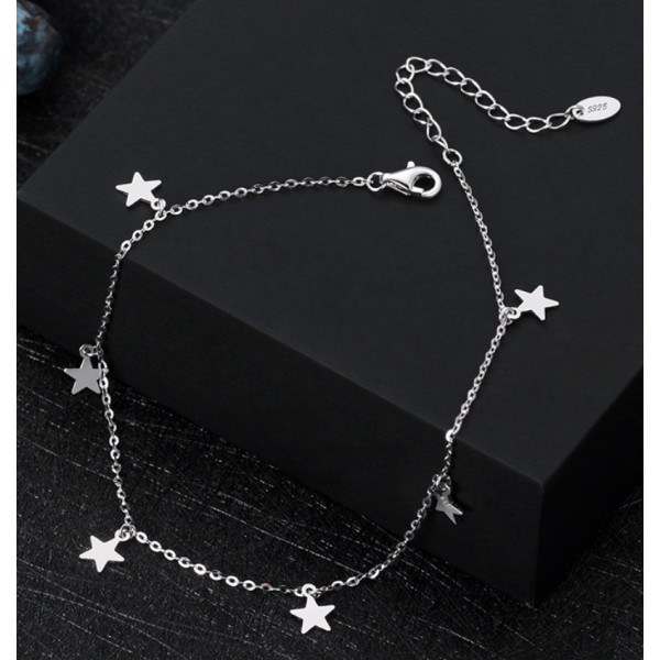 Bratara de picior din argint pentru femei, model finut si stralucitor pentru glezna, stelute, argint 925 rodiat/argint 925 placat cu aur, star, 21 + 5 cm, argintiu/auriu, 1,63 gr