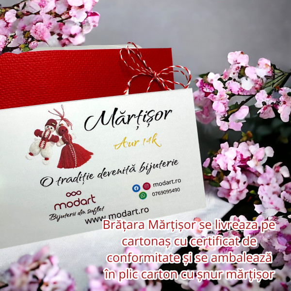 Martisor de aur tip bratara cu bila din aur 14 k cu snur reglabil, dama/copil, aur 14k, snur matase, biluta de aur 14k si cristal rosu/roz, aur galben