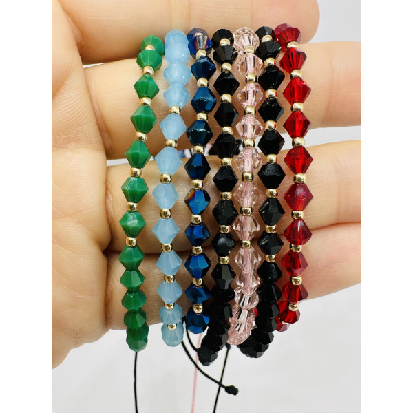 Bratara cu 10 bile din aur 14k si cristale de sticla fatetate biconice diverse culori, dama/barbat, aur 14k, snur reglabil de matase