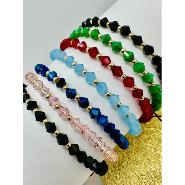 Bratara cu 10 bile din aur 14k si cristale de sticla fatetate biconice diverse culori, dama/barbat, aur 14k, snur reglabil de matase