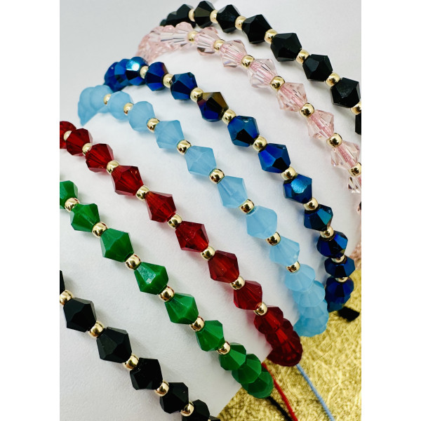 Bratara cu 10 bile din aur 14k si cristale de sticla fatetate biconice diverse culori, dama/barbat, aur 14k, snur reglabil de matase