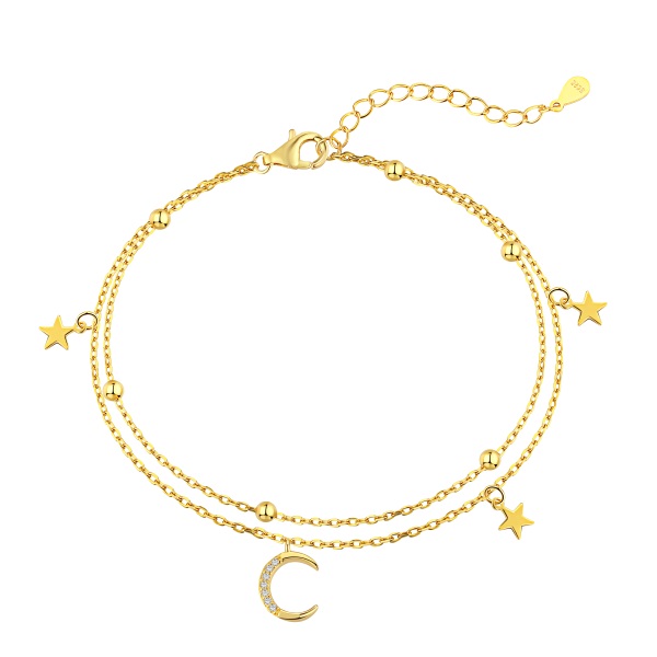 Bratara argint, dama, argint 925 placat cu aur, luna si stele, auriu, 1,69 gr